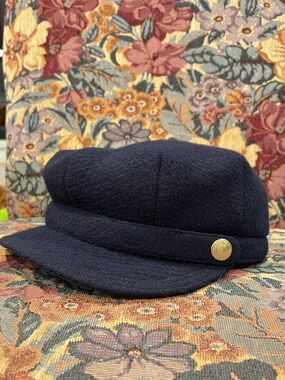 Coach Navy Wool Newsboy Cap with Brass Button accents